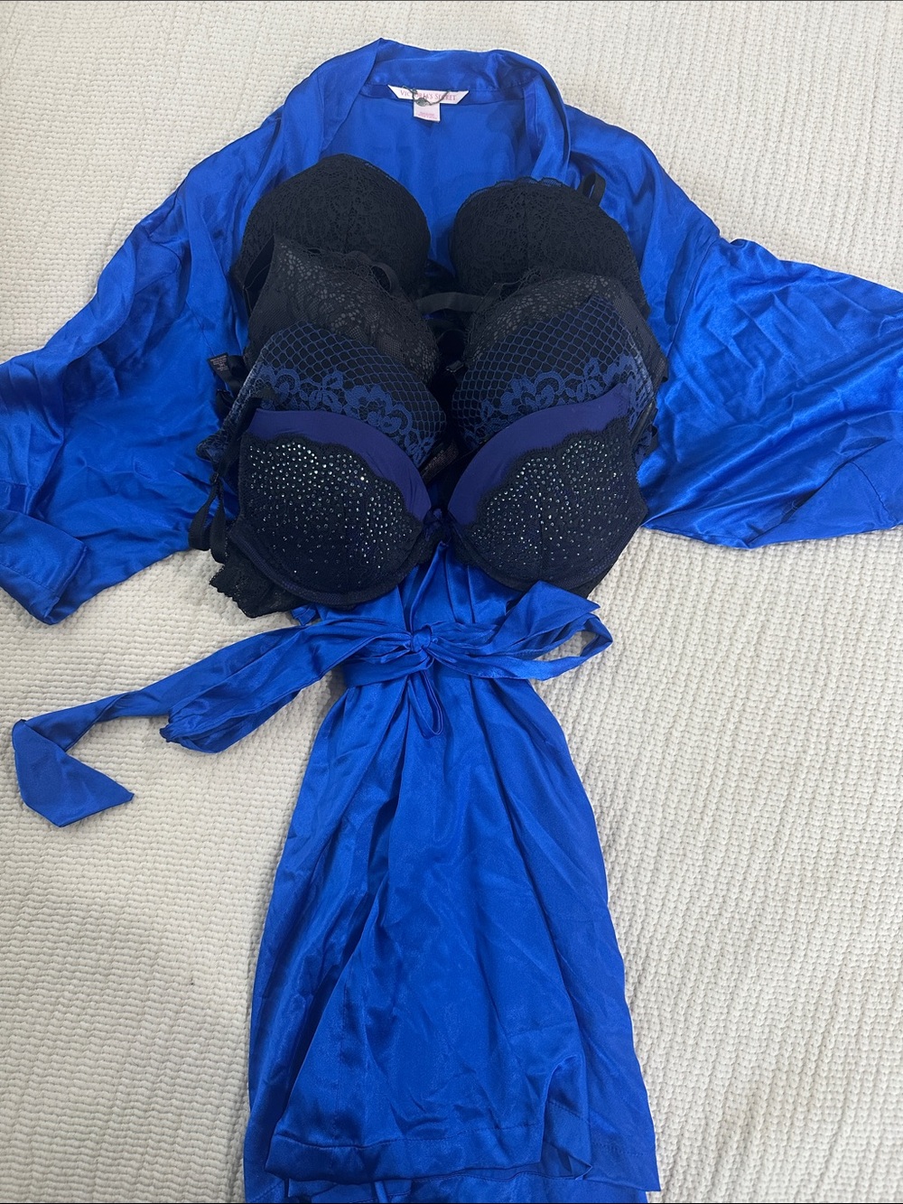 Victoria's Secret Royal Blue Satin Robe with Black Lace Bras